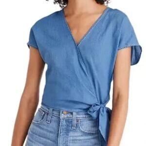 Madewell Chambray Wrap Top XS Blue Tie Waist Short Sleeve Blouse